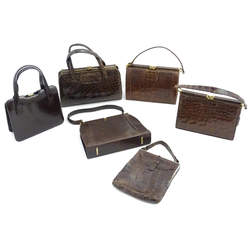 1328 - Vintage fashion / clothing: Six brown leather handbags. Together with a brown leather wallet. The la... 