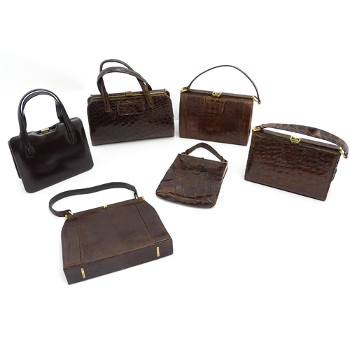 1328 - Vintage fashion / clothing: Six brown leather handbags. Together with a brown leather wallet. The la... 