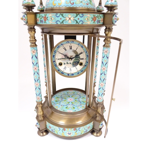 1395 - A late 20thC French table clock of pagoda form with cloisonne enamel decoration,  the dial with Roma... 