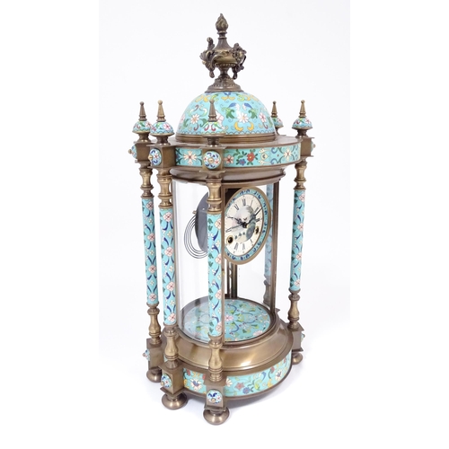 1395 - A late 20thC French table clock of pagoda form with cloisonne enamel decoration,  the dial with Roma... 