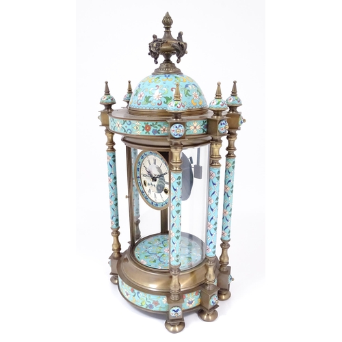 1395 - A late 20thC French table clock of pagoda form with cloisonne enamel decoration,  the dial with Roma... 