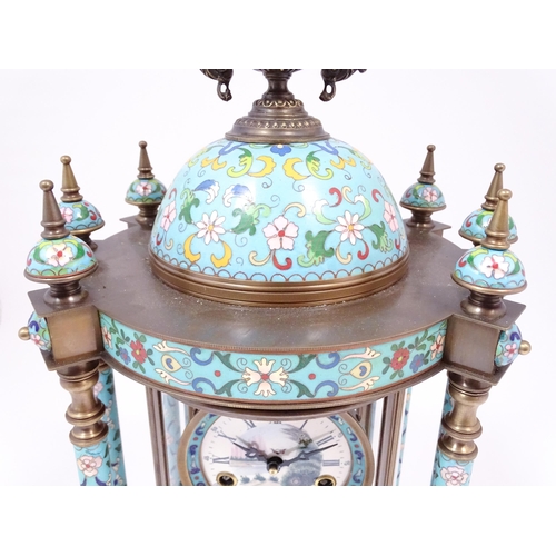 1395 - A late 20thC French table clock of pagoda form with cloisonne enamel decoration,  the dial with Roma... 