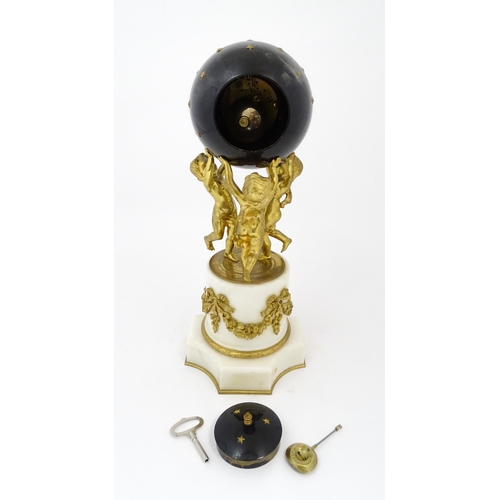 1396 - A late 19thC French white marble ormolu clock garniture, the clock formed as three ormolu putti hold... 