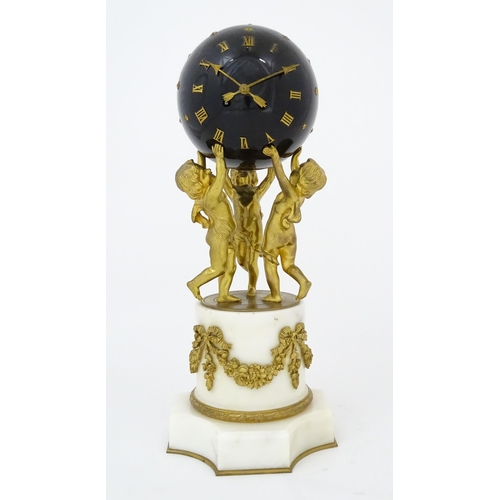 1396 - A late 19thC French white marble ormolu clock garniture, the clock formed as three ormolu putti hold... 