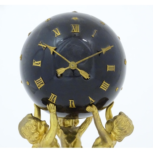 1396 - A late 19thC French white marble ormolu clock garniture, the clock formed as three ormolu putti hold... 