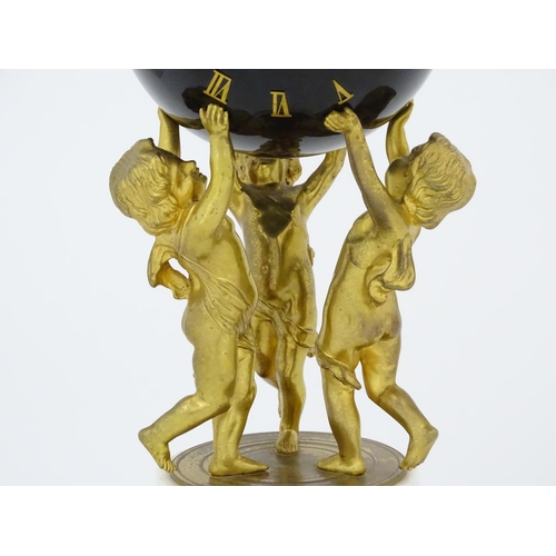 1396 - A late 19thC French white marble ormolu clock garniture, the clock formed as three ormolu putti hold... 