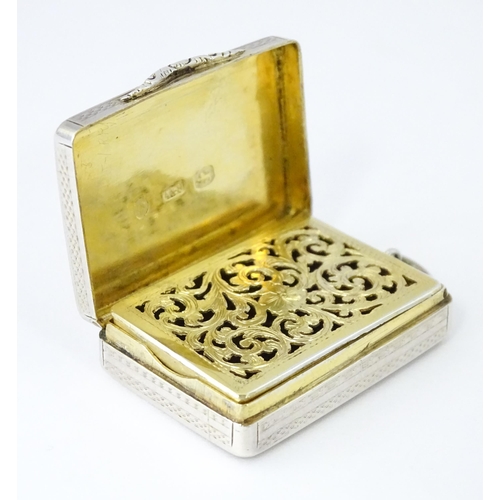 412 - A Victorian silver vinaigrette with gilt interior, hallmarked Birmingham 1857, maker Aston & Son. Ap... 