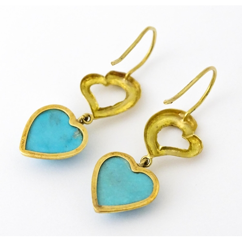 648 - A pair of 18ct gold drop earrings with heart detail, and set with turquoise coloured cabochon of hea... 