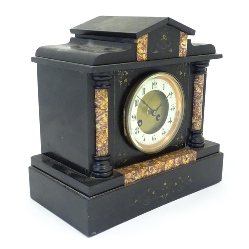 1398 - A late 19thC / early 20thC slate cased mantle clock,  S Marti & Co 8-day movement striking on a gong... 