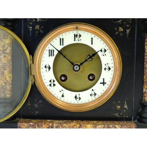 1398 - A late 19thC / early 20thC slate cased mantle clock,  S Marti & Co 8-day movement striking on a gong... 