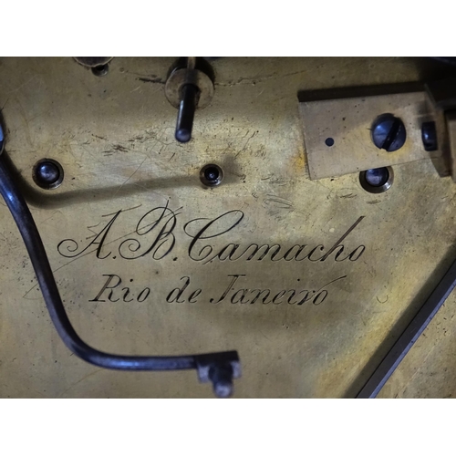 1408 - A 19thC library clock. The pained dial with Roman numerals signed 'A. B. Camacho ,  Rio De Janeiro',... 