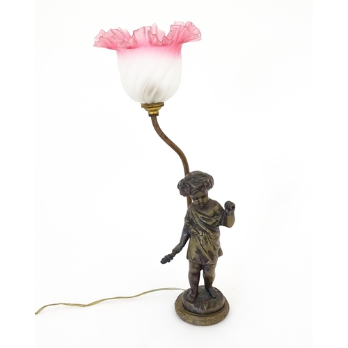 1422 - A mid 20thC table lamp the base of cast figural form, with a frilled pink and white shade. Approx. 1... 