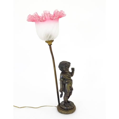 1422 - A mid 20thC table lamp the base of cast figural form, with a frilled pink and white shade. Approx. 1... 