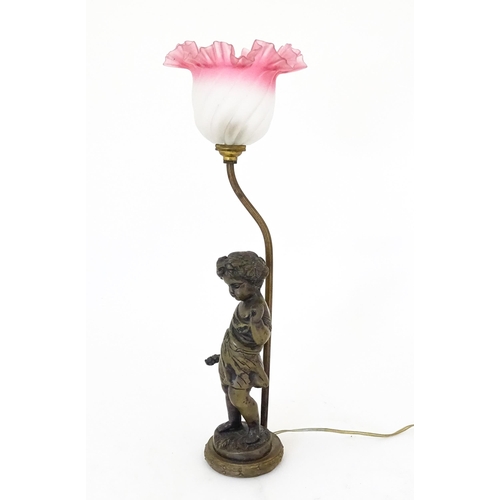 1422 - A mid 20thC table lamp the base of cast figural form, with a frilled pink and white shade. Approx. 1... 