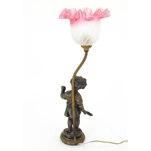 1422 - A mid 20thC table lamp the base of cast figural form, with a frilled pink and white shade. Approx. 1... 