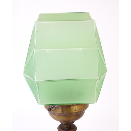 1423 - An Art Deco copper and brass table lamp with green glass shade. Approx. 18