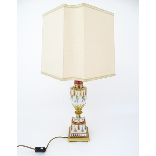 1428 - A French 20thC twin branch adjustable table lamp the ceramic base of pedestal urn form with hand pai... 