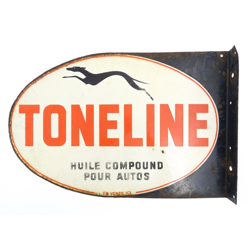 1233 - A 20thC French double sided enamel oil advertising sign for Toneline Huile Compound Pour Autos with ... 