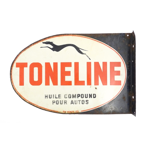 1233 - A 20thC French double sided enamel oil advertising sign for Toneline Huile Compound Pour Autos with ... 