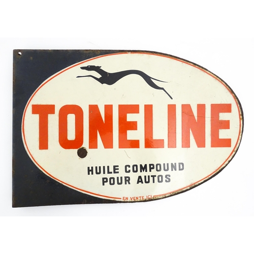 1233 - A 20thC French double sided enamel oil advertising sign for Toneline Huile Compound Pour Autos with ... 