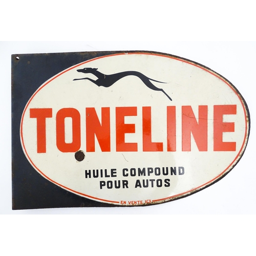 1233 - A 20thC French double sided enamel oil advertising sign for Toneline Huile Compound Pour Autos with ... 