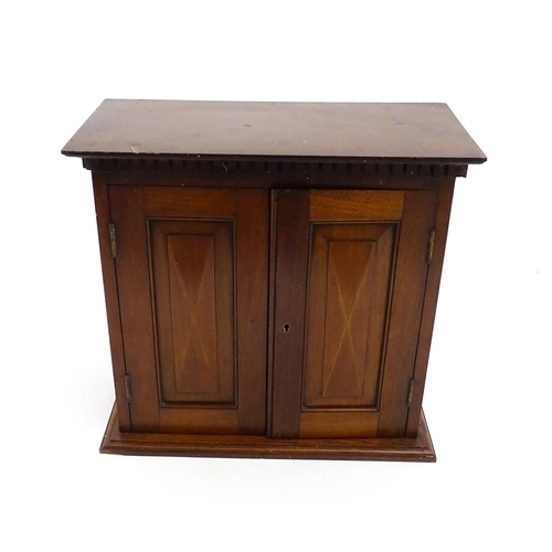 1238 - An early 20thC mahogany table top medicine cabinet with a dentil moulded frieze above two panelled c... 