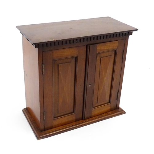 1238 - An early 20thC mahogany table top medicine cabinet with a dentil moulded frieze above two panelled c... 