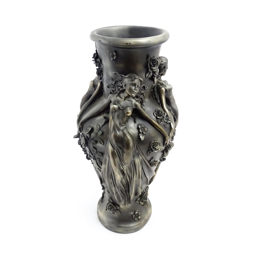 1243 - A large 20thC bronzed resin vase decorated with Art Nouveau style female figures and flowers. Approx... 