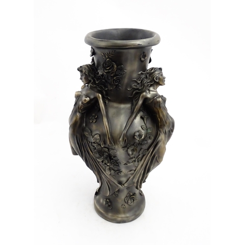 1243 - A large 20thC bronzed resin vase decorated with Art Nouveau style female figures and flowers. Approx... 