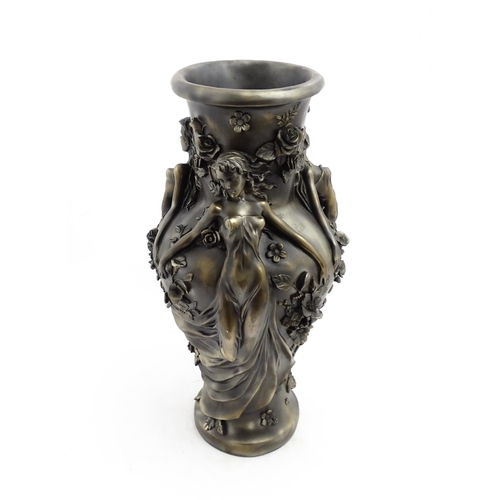 1243 - A large 20thC bronzed resin vase decorated with Art Nouveau style female figures and flowers. Approx... 