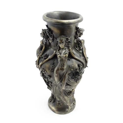 1243 - A large 20thC bronzed resin vase decorated with Art Nouveau style female figures and flowers. Approx... 