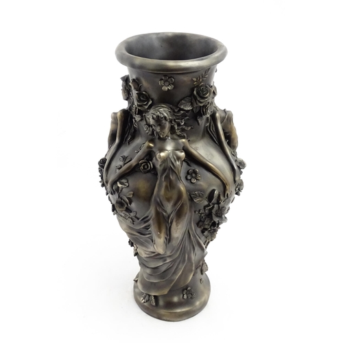 1243 - A large 20thC bronzed resin vase decorated with Art Nouveau style female figures and flowers. Approx... 