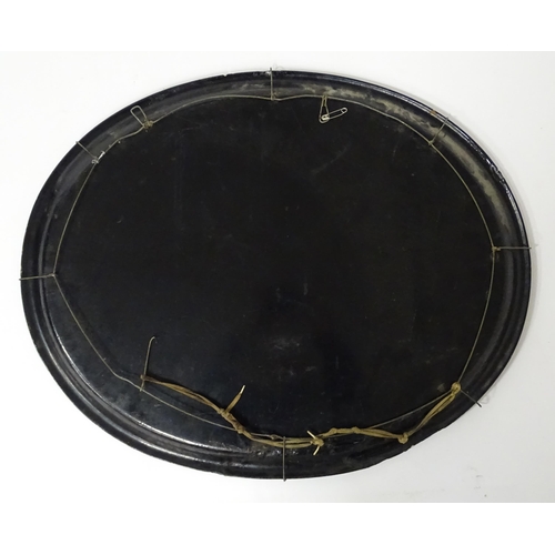 1251 - A Victorian papier mache tray of oval form decorated with gilt floral decoration and inlaid abalone ... 