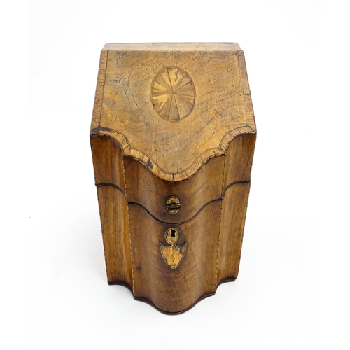 1257 - A 19thC mahogany knife box with serpentine front and satinwood stringing. Approx. 13 1/2