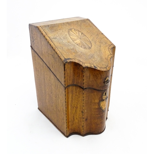 1257 - A 19thC mahogany knife box with serpentine front and satinwood stringing. Approx. 13 1/2