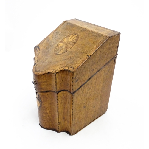 1257 - A 19thC mahogany knife box with serpentine front and satinwood stringing. Approx. 13 1/2