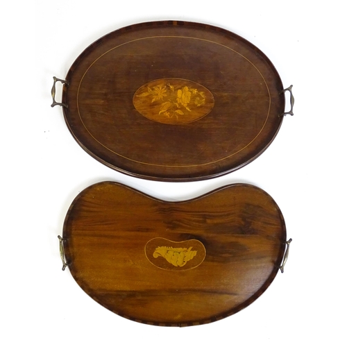 1259 - Two late 19thC twin handled mahogany trays with marquetry inlay to centre, to include a kidney shape... 