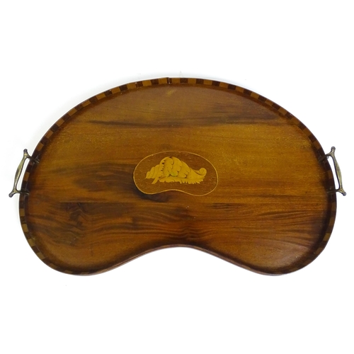 1259 - Two late 19thC twin handled mahogany trays with marquetry inlay to centre, to include a kidney shape... 