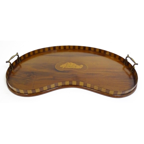 1259 - Two late 19thC twin handled mahogany trays with marquetry inlay to centre, to include a kidney shape... 