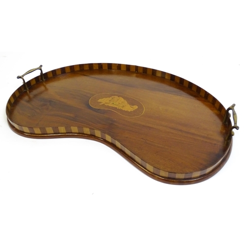 1259 - Two late 19thC twin handled mahogany trays with marquetry inlay to centre, to include a kidney shape... 