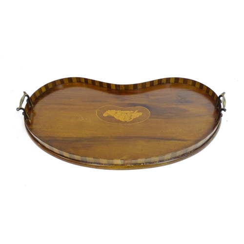 1259 - Two late 19thC twin handled mahogany trays with marquetry inlay to centre, to include a kidney shape... 