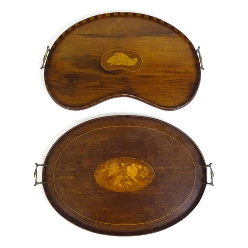 1259 - Two late 19thC twin handled mahogany trays with marquetry inlay to centre, to include a kidney shape... 