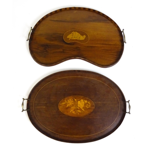 1259 - Two late 19thC twin handled mahogany trays with marquetry inlay to centre, to include a kidney shape... 