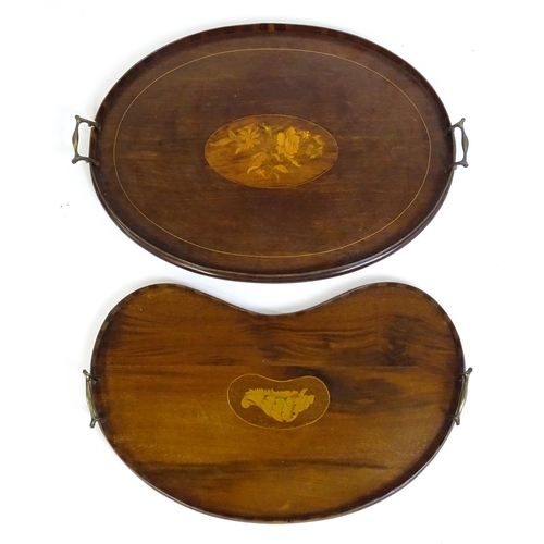 1259 - Two late 19thC twin handled mahogany trays with marquetry inlay to centre, to include a kidney shape... 