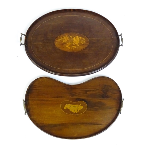 1259 - Two late 19thC twin handled mahogany trays with marquetry inlay to centre, to include a kidney shape... 