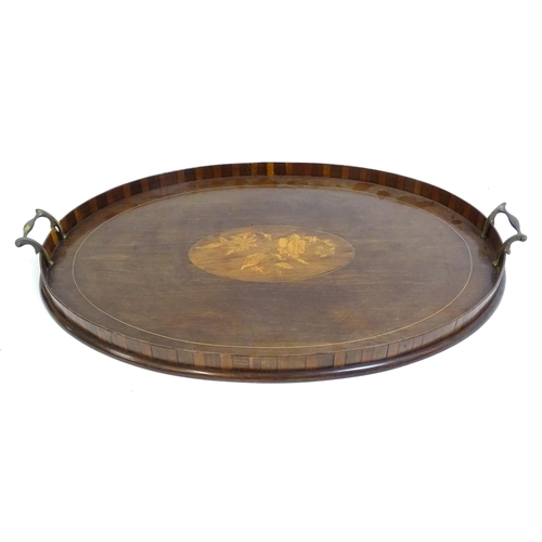 1259 - Two late 19thC twin handled mahogany trays with marquetry inlay to centre, to include a kidney shape... 