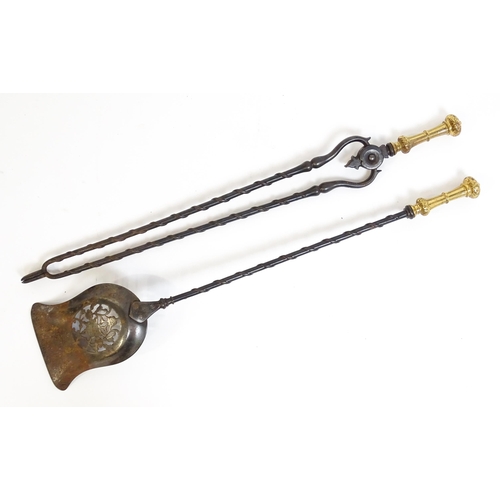 1269 - Two 20thC cast fire tools with twist detail comprising tongs and shovel. Tongs approx. 30