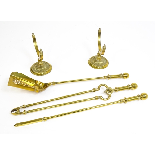 1270 - A 20thC brass fireside companion set comprising a pair of shaped stands, poker, tongs and shovel. Fi... 