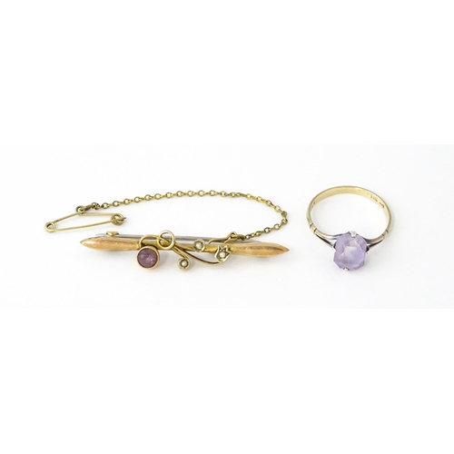 730 - A 9ct gold brooch set with amethyst with seed pearls. Together with a ring set  with amethyst and ma... 