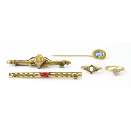 731 - A 10k bar brooch together with various gilt metal and yellow metal brooches and rings